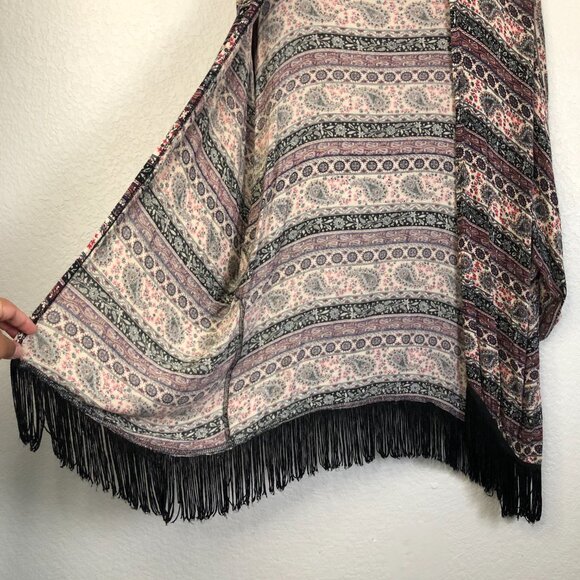 Mauve Paisley Open Long Cardigan Women's L Kimono Sleeve Fringe Hem Boho Hippie - Picture 4 of 8